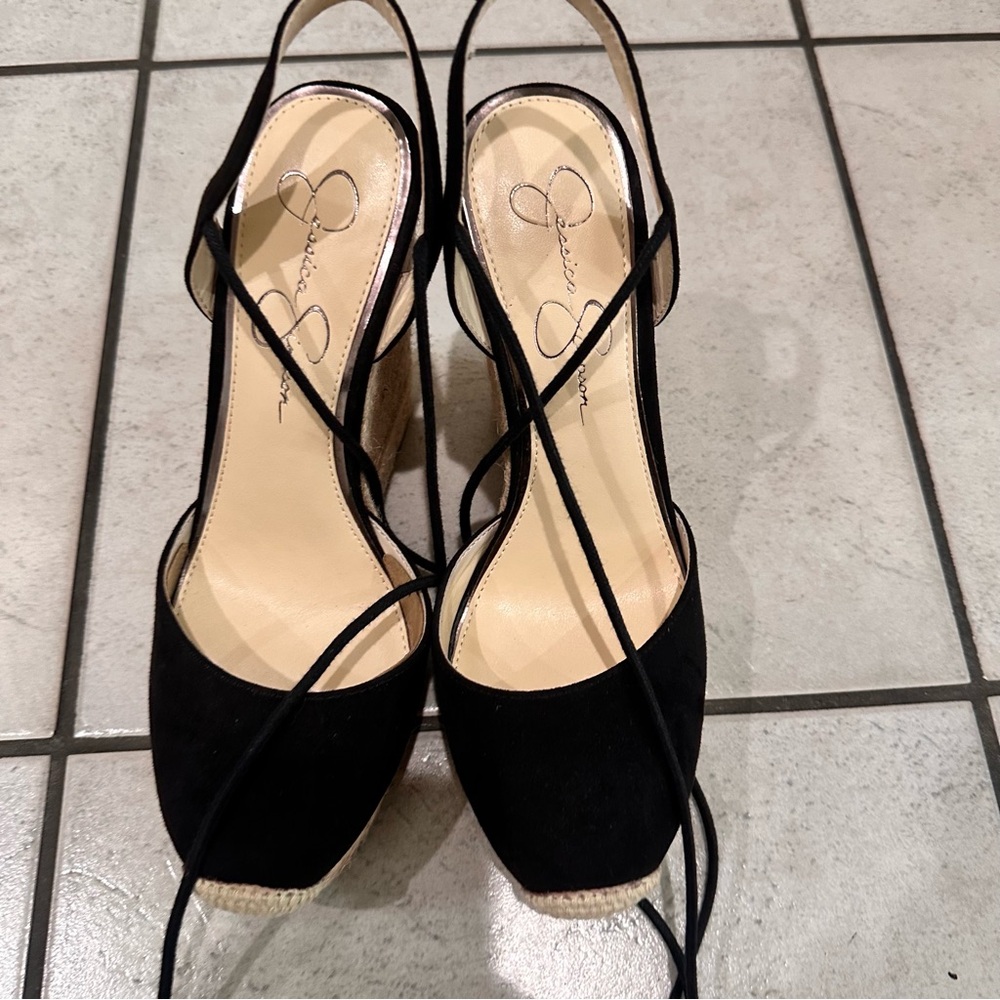 Jessica Simpson Black Espadrille Wedge Sandals with Wrap Ankle Ties - Picture 3 of 10